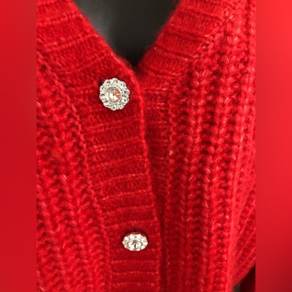 Jessica Simpson red chunky knit fuzzy bejeweled button v-neck cardigan size M - Picture 15 of 16